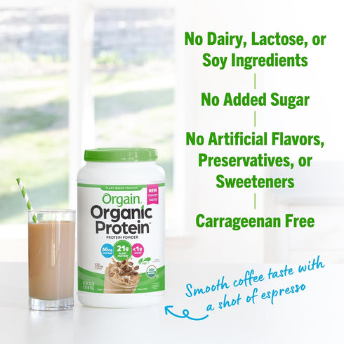 Orgain Organic Vegan Protein Powder, Iced Coffee, 21g Plant Protein, 60mg of Caffeine, Low Net Carb, No Added Sugar