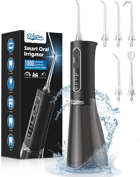 WELLFINE Water Dental Flosser Teeth Pick, 4 Modes Cordless Oral Irrigator, 300ML Portable and Rechargeable