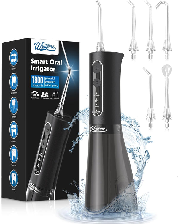 WELLFINE Water Dental Flosser Teeth Pick, 4 Modes Cordless Oral Irrigator, 300ML Portable and Rechargeable