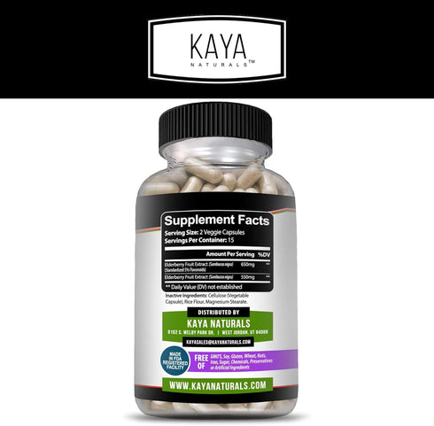 Kaya Naturals Elderberry Immune Support | Elderberry Extract, Rich Antioxidant Premium Elderberry Vitamins, 1200mg Immune System Booster Sambucus Elderberry Capsules - 30 Count