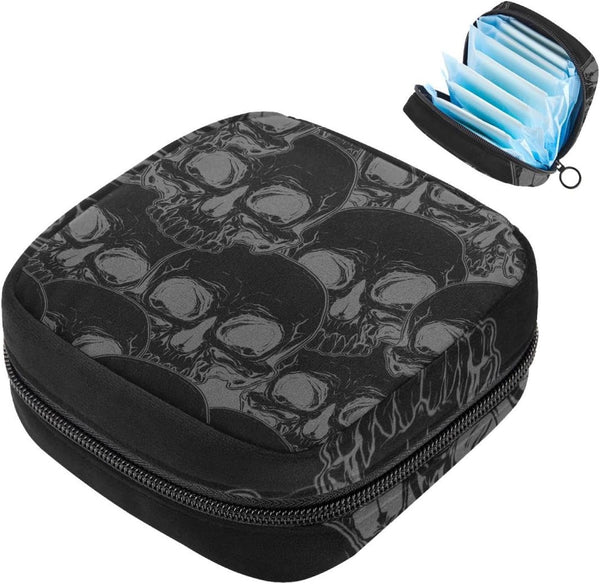 MUOOUM Sanitary Napkin Storage Bag, Cool Skull Pattern Menstrual Cup Pouch, Portable Sanitary