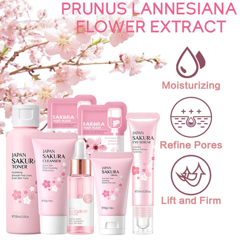 Skin Care Set Sakura for Women, Korean Beauty Gift Kit with Cleanser, Serum, Cream, Toner, Eye Cream, and Masks.