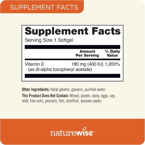 NatureWise Vitamin E 400 IU Softgels | 60 Count | Dairy Free, Gluten Free, Antioxidant-Rich Dietary Supplement