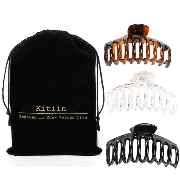 Polycarbonate Large Hair Claw Clips for Women, 3 Counts in Set of Black/Tortoise Shell Brown/Clear Resin, 4.3 inch in