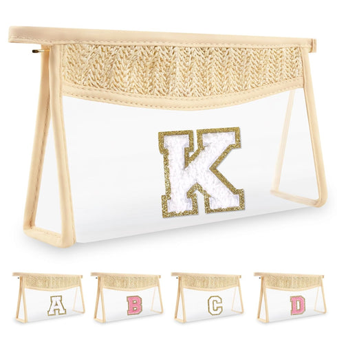 Personalized Initial Letter Bag, Boho Straw Clear Makeup Bag, Small Chenille Varsity Letter Bag for Women, K