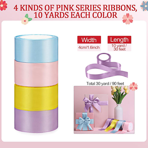 Giegxin 40 Yard Bulk Gift Satin Ribbon Rolls, Colorful Solid Fabric Ribbon for Wrapping Bouquet Hair Bow Wedding Baby Shower Birthday Party Decor(Purple Blue Pink Yellow, 1.6 Inch) by Giegxin