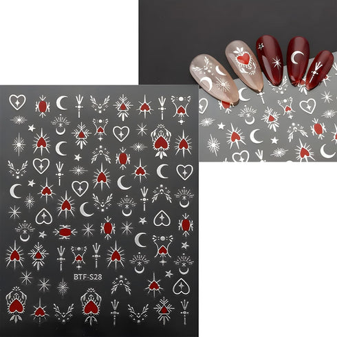 12 Sheets Star Nail Stickers, 3D Self-Adhesive Gold Silver Moon Heart Design for Nail Art Decoration Accessories
