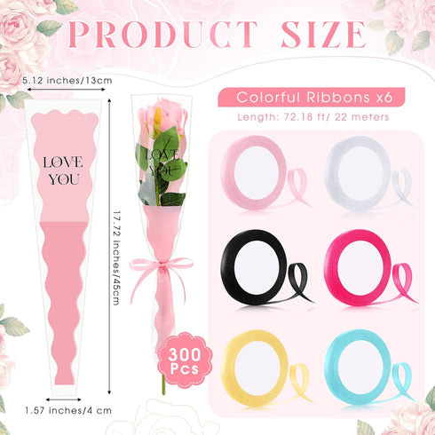 Chiisong 300 Pcs Single Flower Sleeves Father's Day Plastic Flower Wrapping Waterproof Floral Packaging with 6 Ribbon for Florist Bouquet Supplies(White, Black, Milky White, Rose Red, Pink, Blue)