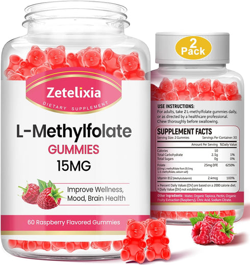 2 Pack L-Methylfolate 15mg Gummies, Non-GMO, Vegan Folate & Vitamin B12 Supplement for Brain & Mood Support, 120 Count