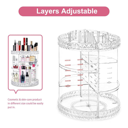 V-HANVER 360 Rotating Makeup Organizer, Large Capacity Acrylic Beauty Organizer with 8 Adjustable Layers for Vanity