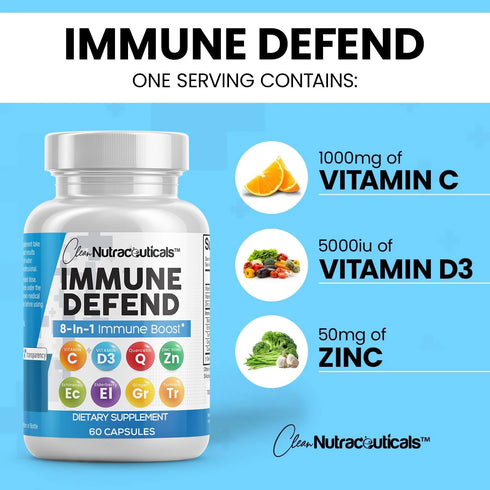 Clean Nutraceuticals Immune Defense Support Supplement 8 in 1 with Zinc, Quercetin, VIT C, Vitamin D3, Elderberry - 60