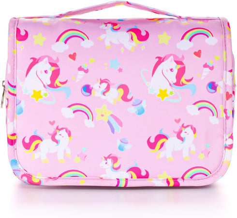 Kids Hanging Toiletry Bag for Girls, Travel Waterproof Wash Bag for Little Young Girls Cosmetic Makeup, Unicorn Pink