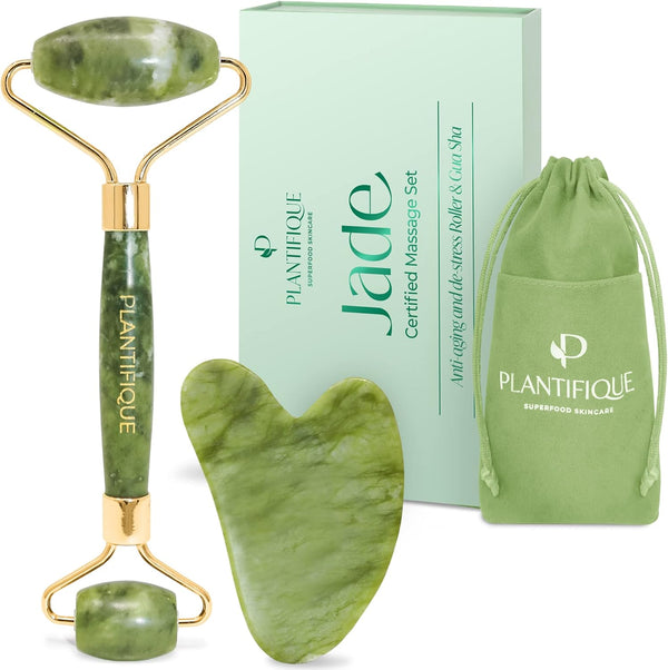 PLANTIFIQUE Jade Roller & Gua Sha Set, Real Jade Facial Tools for Skin Care Routine