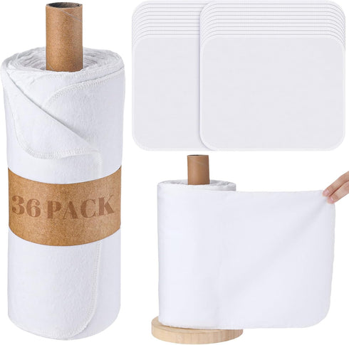 36 Pack Reusable Paper Towels, Washable Paperless Rolls, Flannel Cotton Cloth Wipes for Bathroom Napkins (White)