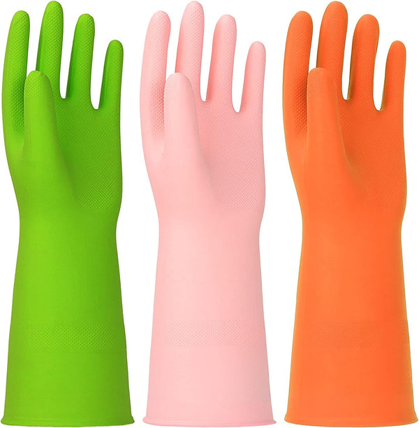 3 Pairs Rubber Cleaning Gloves Latex Free 13" Reusable Dishwashing Gloves Medium Green+Pink+Orange