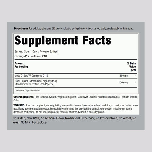 Piping Rock CoQ10 100mg | 240 Softgels | Enhanced Absorption Supplement | Non-GMO, Gluten Free