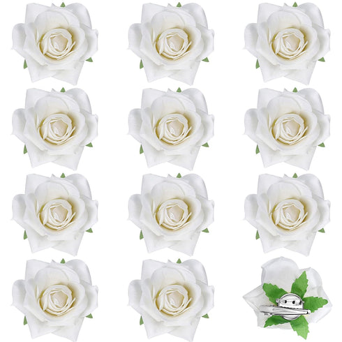 Yilloog 12 Pack Rose Hair Clip - 2.8'' Floral Brooch Hairpins for Women, Wedding Pack (White)