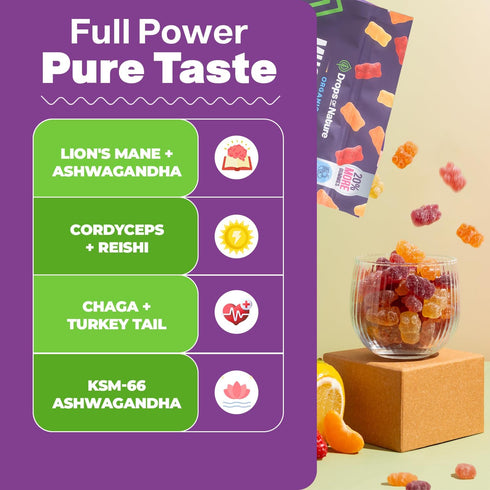 Gummies Gummies 8 1 80 Gummy Drops Of Nature Lions Mane & Ashwagandha Turkey Tail, Maitake, Reishi, Chaga, Shiitake