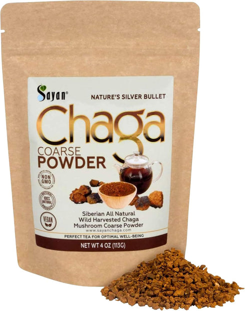 Sayan Siberian Pure Raw Coarse Chaga Powder, 4 Oz / 113g – Premium Wild Forest Harvested Super Antioxidant Tea