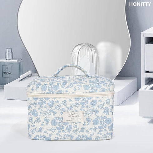 Large Floral Quilted Makeup Bag for Women, Cotton Cosmetic Bag Set, Flower Travel Toiletry Bag