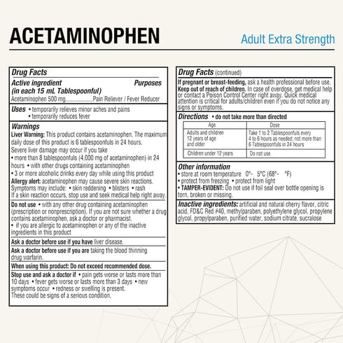 Puregen Labs Adult Extra Strength Acetaminophen Liquid 500mg/15ml - 8 fl oz Pain Reliever/Fever Reducer, Cherry Flavor