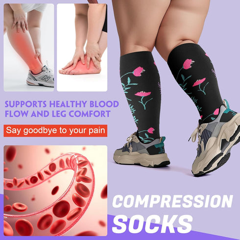 Tinojye 4 20-30 mmHg Pairs Plus Size Compression Socks,Extra Wide Calf Knee High Compression Socks for Men Women
