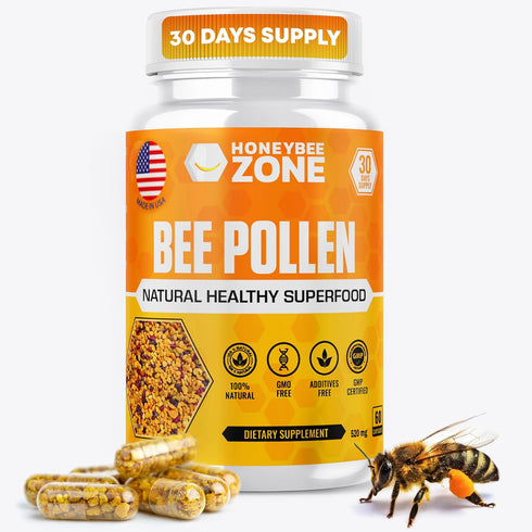 HONEYBEEZONE 100% Natural Raw Bee Pollen Granules - 60 Veggie Capsules, Superfood, Gluten-Free
