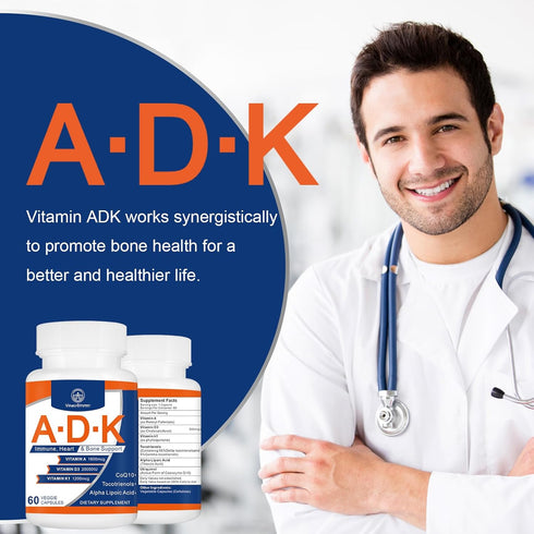 ADK Vitamin Supplement 20000 IU - High Potency A, D3, K1 for Heart, Bone Health, 60 Capsules