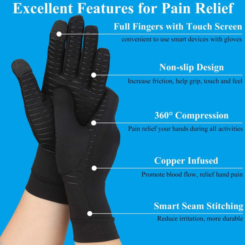 2 Pairs Copper Arthritis Gloves for Hand Pain, Full Finger Compression Gloves for Men and Women, Support Wrist, Joint