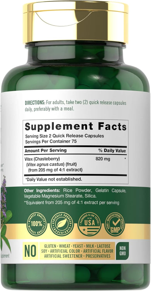 Carlyle Vitex Chasteberry Supplement | 820mg | 150 Capsules | Vitex Agnus-Castus Fruit for Women | Non-GMO, Gluten Free