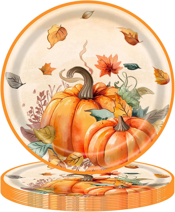 YLOIJO Thanksgiving Maple Leaves Pumpkin Paper Plates for Fall, 7'' Disposable Dinnerware Set
