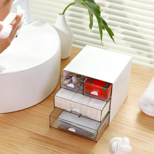 Makeup Organizer with 4 Drawers, Desk Organizer for Nail Polish, Lipstick, Brushes, Jewelry, Skincare - White