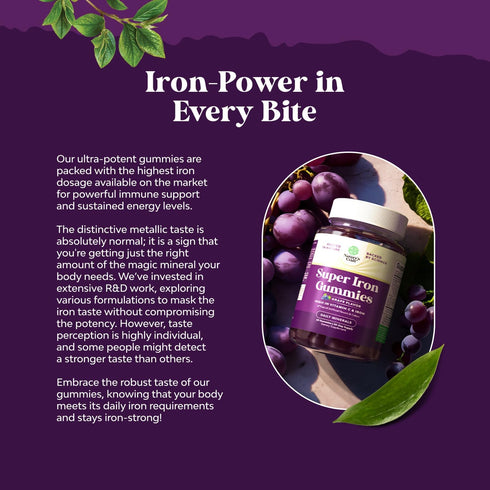 Extra Strength Iron Gummies - 45mg per Serving Chewable Iron Supplement with Vitamin C, Vegan