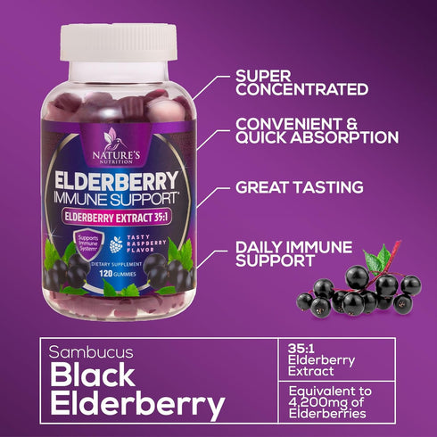 Sambucus Elderberry Gummies for Adults, Teens & Kids - 120 Count, Super Concentrated 35:1 Extract, Daily Immune Support