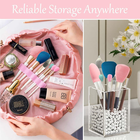 Silicone Travel Makeup Brush Holder with Cleaner Mat, Organizer Case for Foundation Eye Lip Brushes, 5-Pcs Large + 7