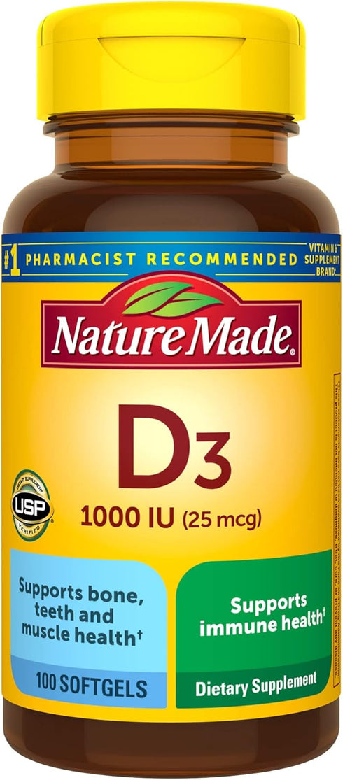 Nature Made Vitamin D3 1000 IU (25 mcg), 100 Softgels, Dietary Supplement for Bone, Teeth, Muscle & Immune Health