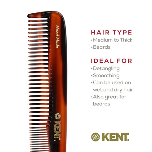 Kent 9T Tortoiseshell Fine Tooth and Wide Tooth Comb, Large Handmade Detangler Hair Comb for Wet Hair, Made in England