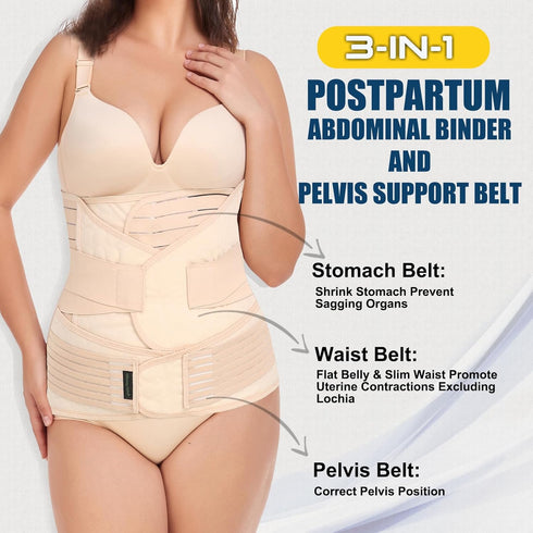 ChongErfei 3 in 1 Postpartum Support Recovery Belly Wrap Waist/Pelvis Belt Body Shaper, XL Beige