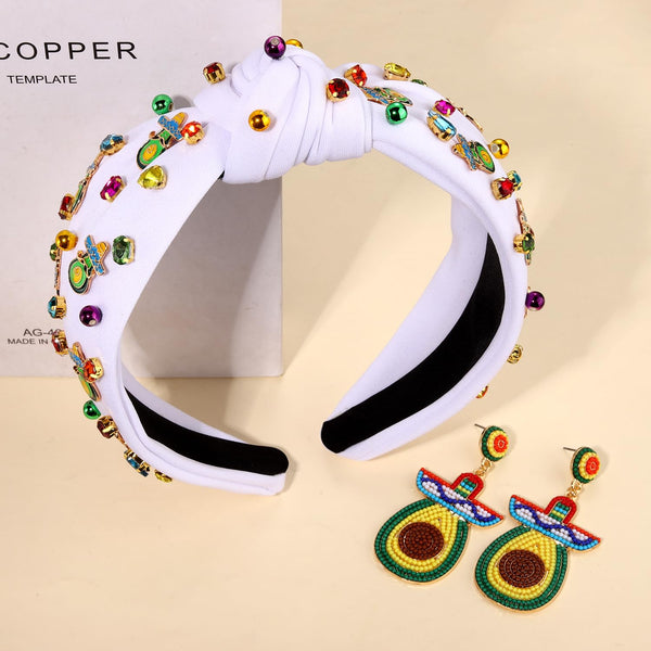 Mexican Beaded Headband for Women, Cinco De Mayo Fiesta Headband with Crystal Knots (Avocado)
