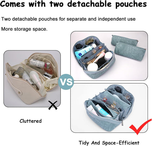 Travel Makeup Bags Cosmetic Organizer: 3-Set Large Capacity PU Leather Toiletry Bag for Women (Light Blue)