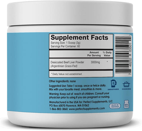 Perfect Supplements – Perfect Desiccated Liver Powder – 180 Grams – Undefatted Beef Liver, Natural Source of Protein,