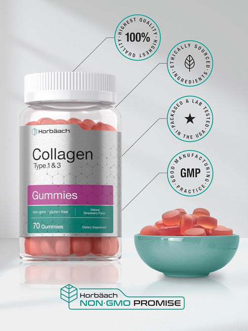 Horbaeach Collagen Gummies, 70 Count Strawberry Flavored, Hydrolyzed Collagen Type 1 and 3, Non-GMO, Gluten Free