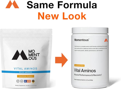 Momentous Vital Aminos Powder Supplement - BCAA & EAA, Tropical Punch, NSF Certified, 30 Servings