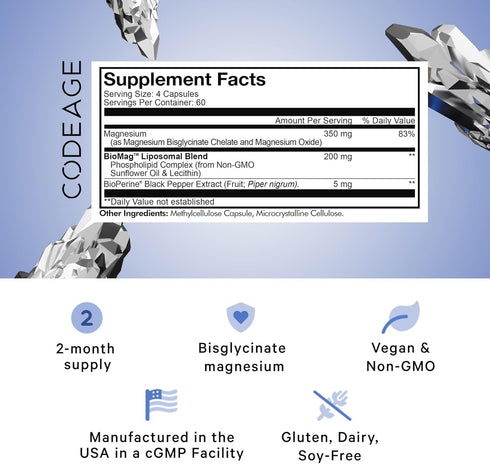 Codeage Liposomal Magnesium Glycinate Supplement, 2-Month Supply, Chelated Magnesium Mineral Pills, Non-GMO Vegan, 240