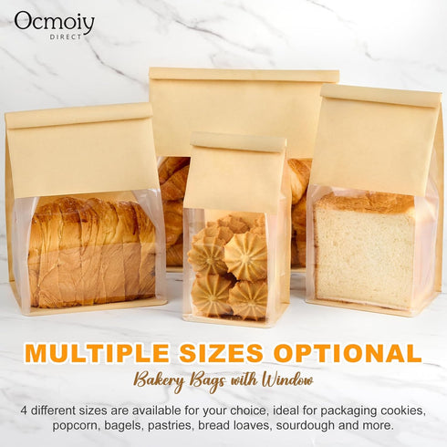 Ocmoiy 50 Pack 6.3x5.1x10.3 Inches Packaging Bread Bags for Homemade Breads, Resealable Tin Tie Tab Lock Bakery Bags
