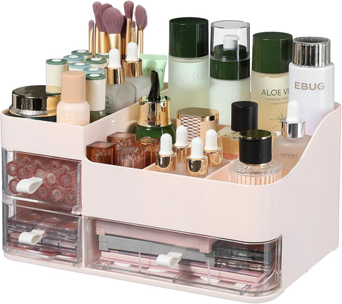 Makeup Organizer, Cosmetic Case with Clear 3 Drawers for Bathroom and Dresser, Pink Display Case for Brushes