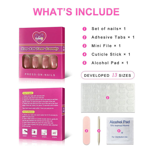 Shiny Pink Marble Artificial Nails, Square Medium Size Fake Pre-designed Nail Art Kit for Women