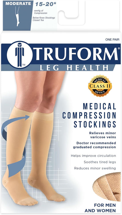 Truform 15-20 mmHg Compression Stockings - Knee High Length, Closed Toe, Black, X-Large