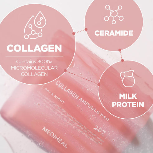 MEDIHEAL Collagen Ampoule Pad, Square Cotton Facial Toner Pads for Skin Firming & Restoring Elasticity, 100 Pads