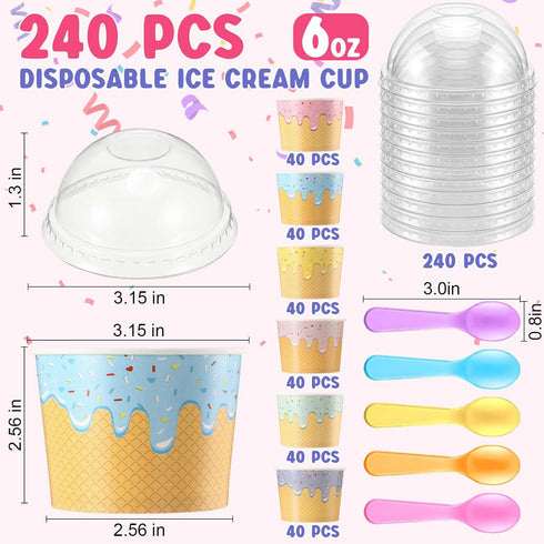 Jingmore 240 Set 6oz Ice Cream Paper Cups with Lids and Spoons, Disposable Sundae Bowls, Dessert Cups for Birthday